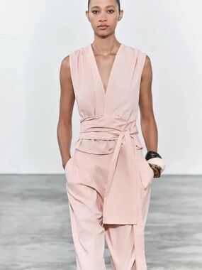 Zara Structured Poplin Tie-Waist Sleeveless Top in Pastel Pink Size XS